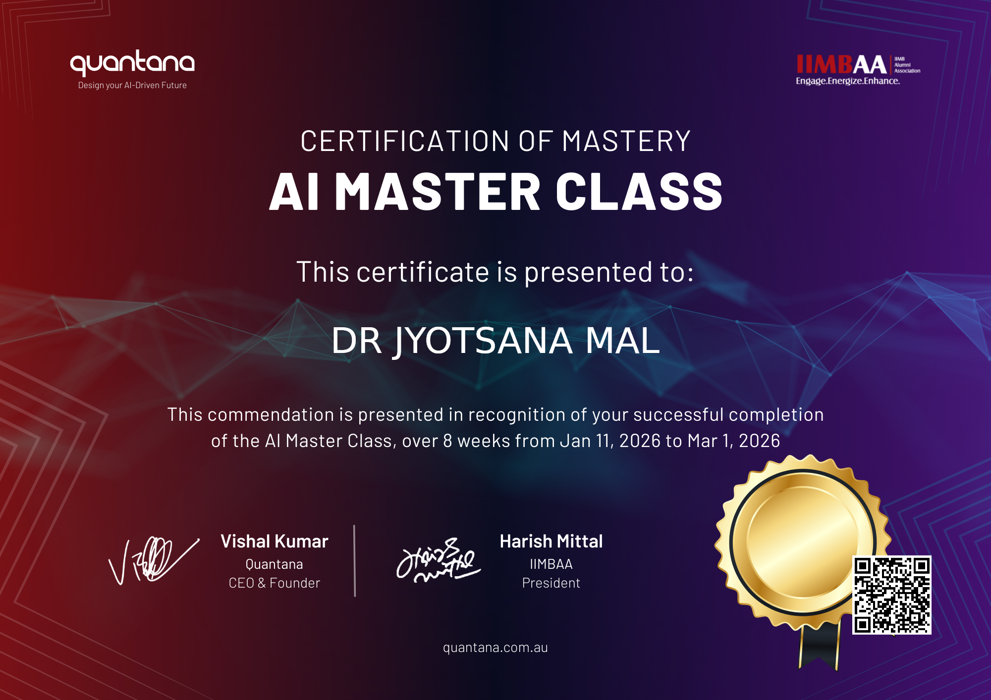 Certificate for Dr Jyotsana Mal